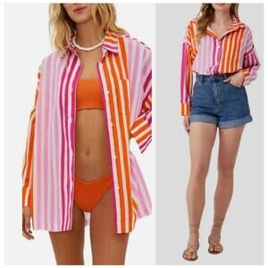 Beach Riot ALEXA Long Sleeve Cover Up Shirt Size PL Button Up in Sunset Stripes